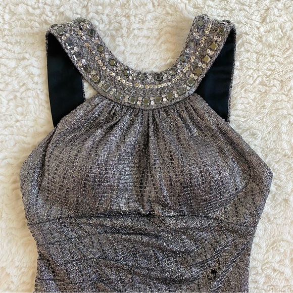 Cache Silver Metallic Beaded Embellished Evening Gown Maxi Dress 0 XS Y2K - Picture 4 of 16